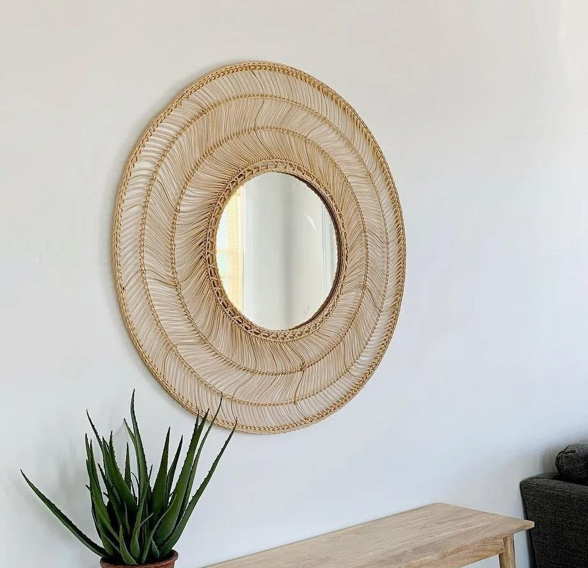 Handmade Rattan Round Mirror, Real looking Mirror.